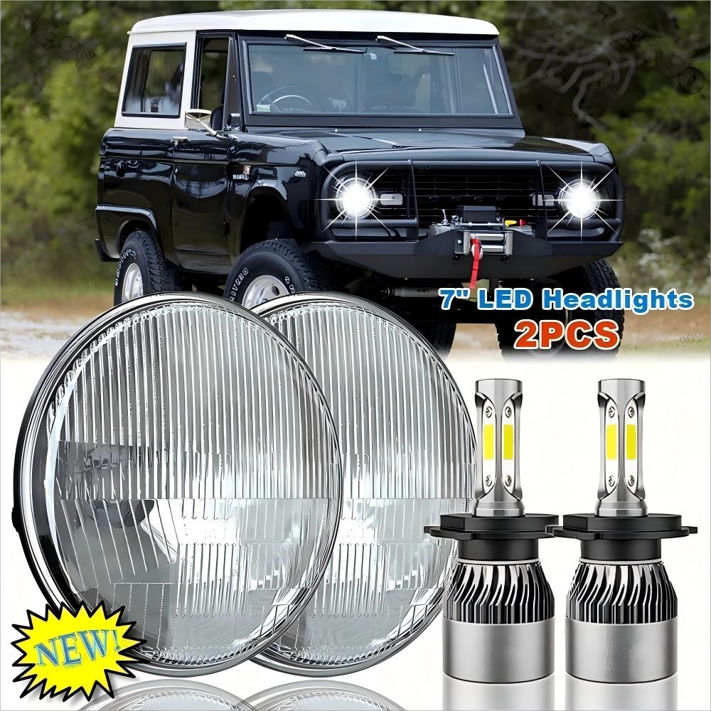 Pair 7'' inch Round LED Headlights H4 Hi/Lo Beam Fit Ford Bronco Courier Mustang